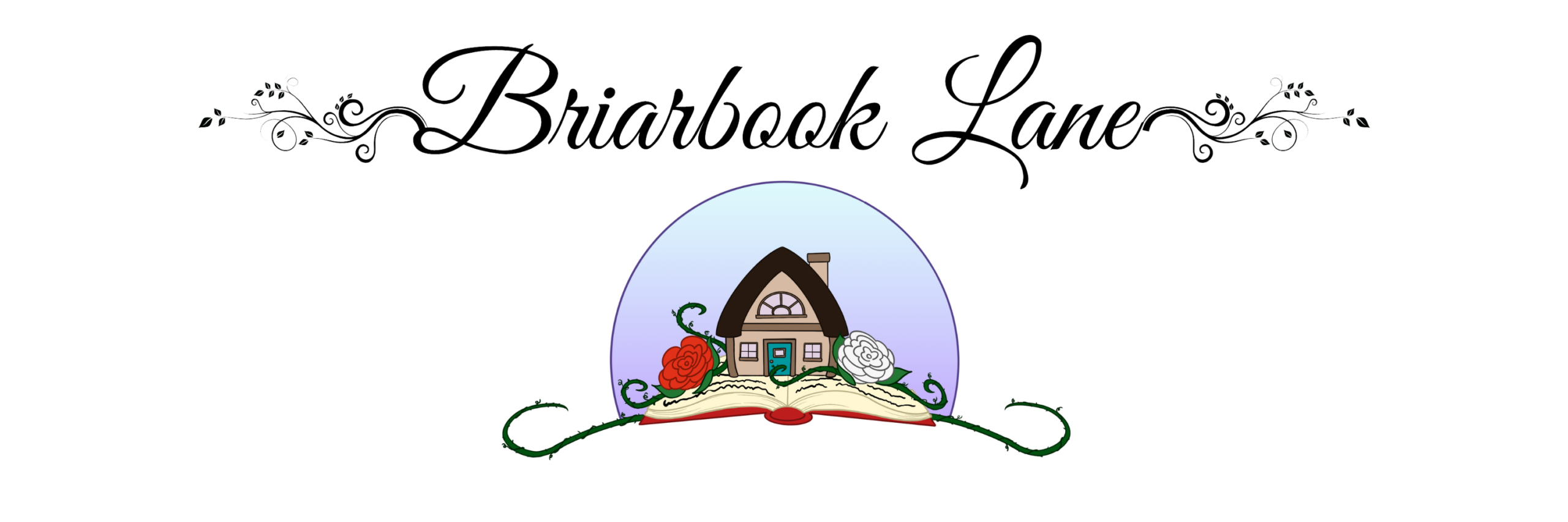 Briarbook Lane logo - text with fairy tale cottage on an open book